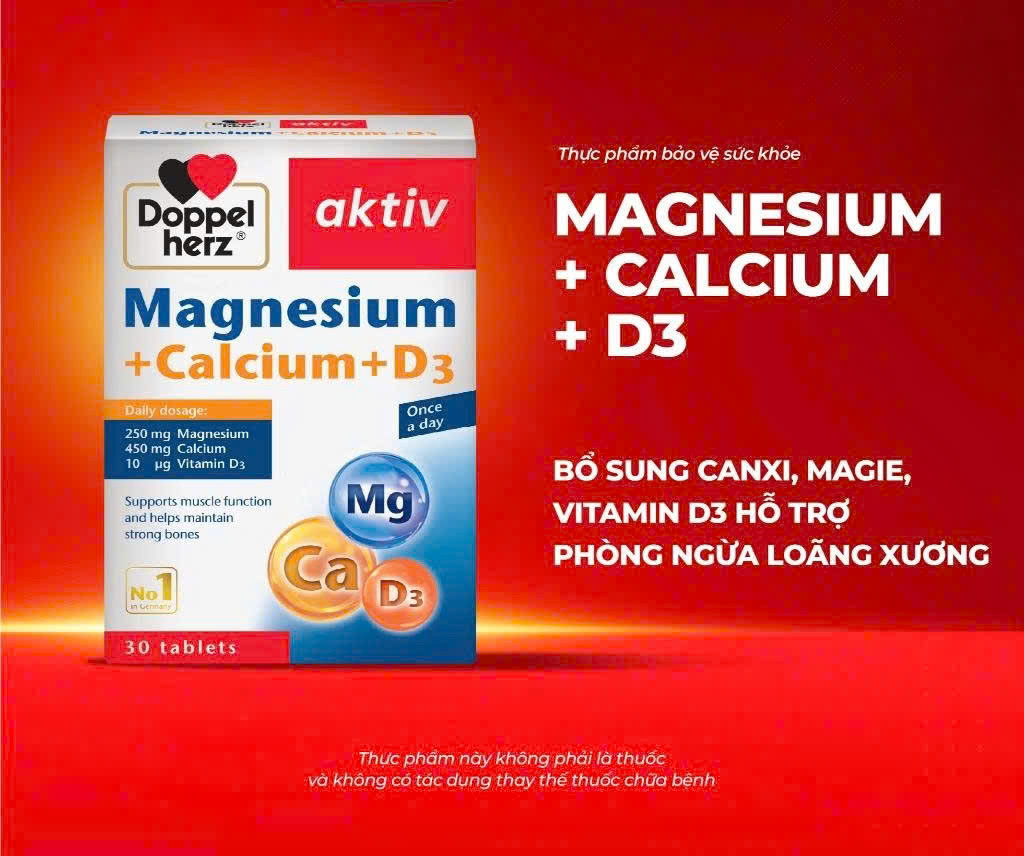 Viên uống bổ sung Canxi phòng ngừa loãng xương Doppelherz Magnesium + Calcium + D3 (Hộp 30 viên)